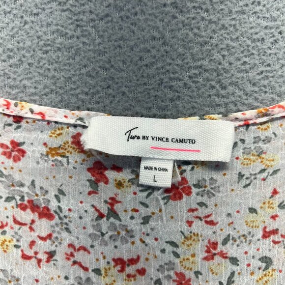 Two by Vince Camuto Floral Peasant Sheer Blouse Large Shirt Tassel Pink Smock - Picture 3 of 10